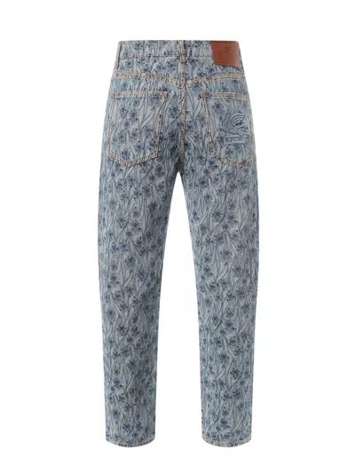 Etro Cotton Jeans With All-over Floral Motif In Blue