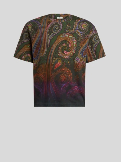 Etro , Cotton Jersey T-shirt With Degradé Paisley Motif, Man, Green, Size 3xl