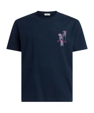 Etro Cotton Jersey T-shirt With Parrot Embroidery In Brown