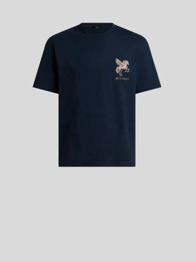 Etro Cotton-jersey T-shirt With Pegaso-embroidery In Blue