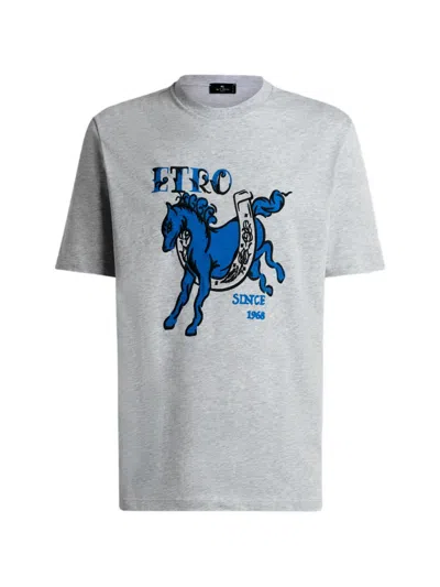 Etro Cotton Jersey T-shirt With Pegaso-print And Logo In Gray
