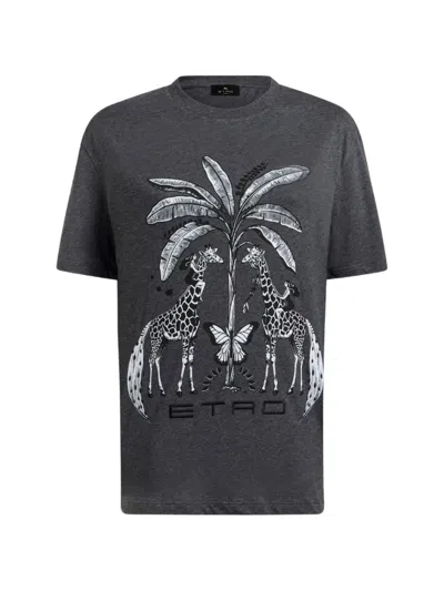Etro Cotton Jersey T-shirt With Placed Giraffe-print In Gray