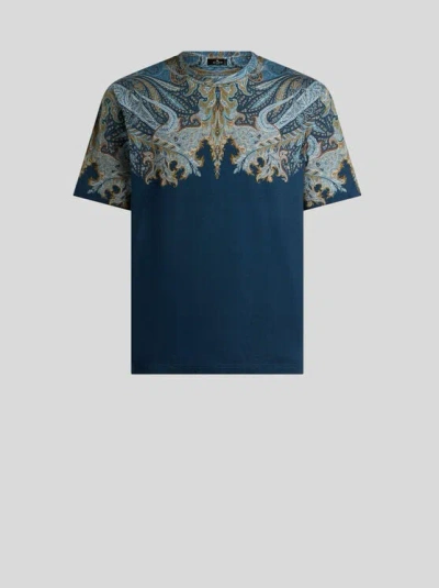 Etro Cotton-jersey T-shirt With Placed Paisley Pochette Print In Blue