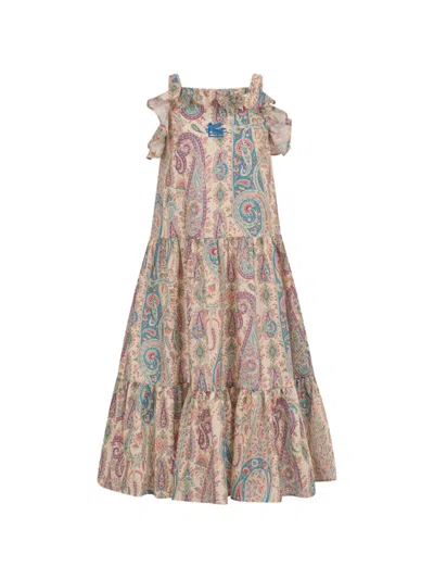 Etro Kids' Cotton Muslin Long Dress With Paisley Print In Nude