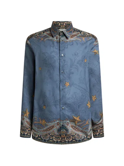 Etro Cotton Muslin Shirt With Placed Pegaso Print In Blue