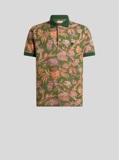 Etro , Cotton Piqué Polo Shirt With Floral Paisley Motif, Man, Green, Size L