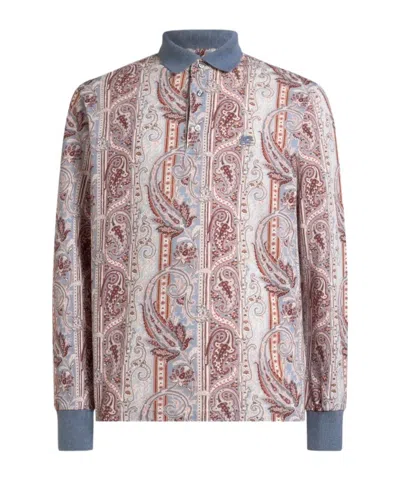 Etro Cotton Pique Polo Shirt With Leafy Paisley Motif In Multi