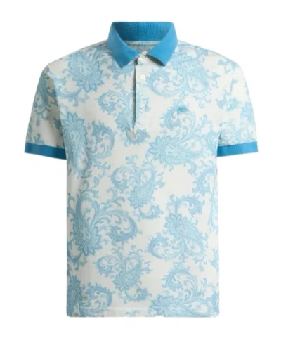 Etro Cotton Pique Polo Shirt With Paisley Motif In Blue