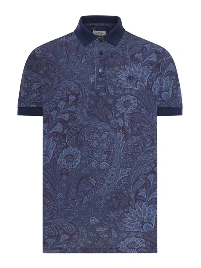 Etro Cotton Piquet Polo Shirt With Paisley Print In Blue