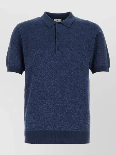 Etro Cotton Polo Shirt Short Sleeves Textured In Blue