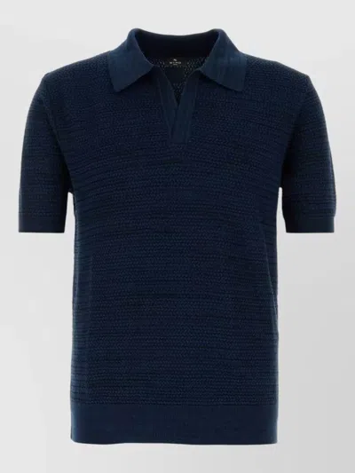 Etro Cotton Polo Shirt Textured Regular Fit In Blue
