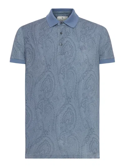 Etro Men Cotton Polo Shirt With Arnica Pattern In Blue