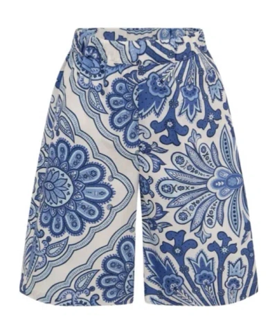 Etro Cotton Poplin Bermuda Shorts With Scarf-inspired Print In Blue