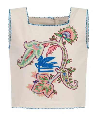 Etro Kids' Cotton Poplin Top With Floral Paisley Embroidery In Neutral