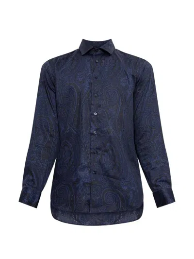Etro Cotton Sateen Shirt With Arnica Motif In Blue