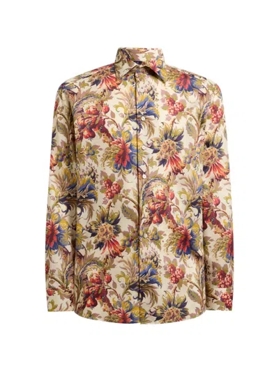 Etro Cotton Satin Shirt With Floral-motif In Neutral
