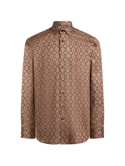 Etro Cotton Satin Shirt With Medallion Motif In Brown