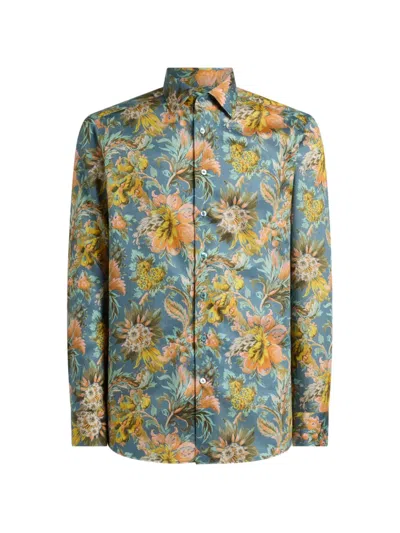 Etro Cotton Satins Shirt With Floral Motif In Blue