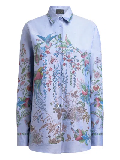 Etro Printed Oxford Nude Cotton Shirt In Blue