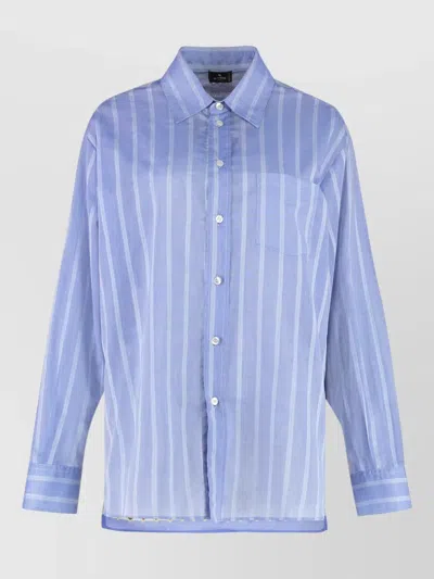 Etro Striped Cotton Shirt With Front Pocket In Blue