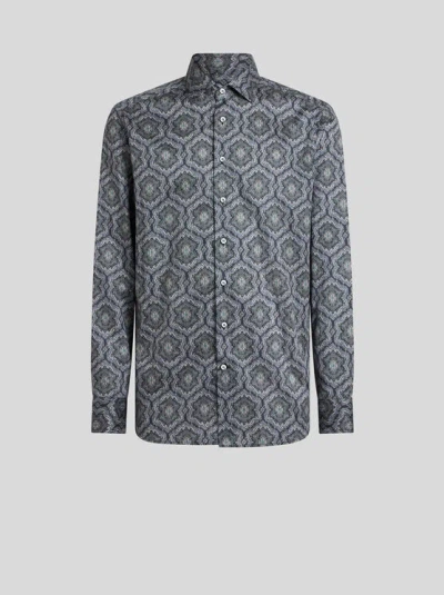 ETRO , COTTON SHIRT WITH ALL-OVER PRINT, MAN, LIGHT BLUE, SIZE 45
