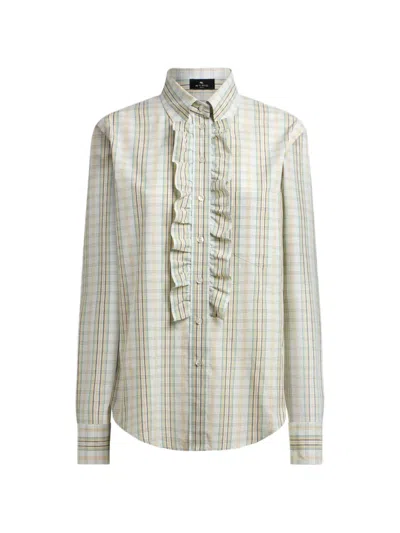 Etro Cotton Shirt With Bib And Check Motif In Neutral