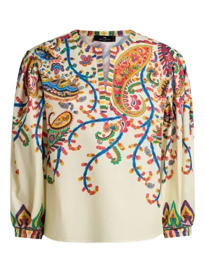 Etro Cotton Blouse With Placed Floral Paisley Print In Brown