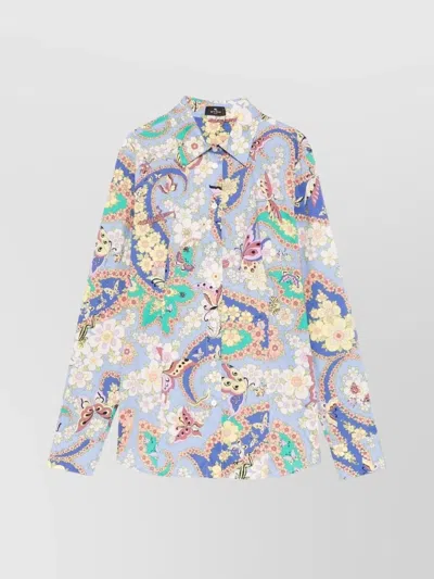 Etro Cotton Shirt With Floral Print And Collared Neck In Clear Blue