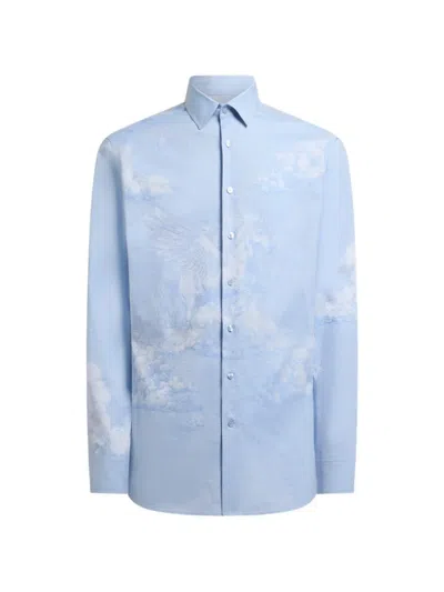 Etro Cotton Shirt With Placed Pegaso Motif In Blue