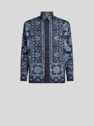 Etro Printed Cotton Shirt In Blue