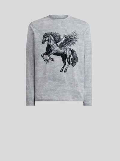 Etro Cotton Sweater With Placed Pegaso-print In Gray