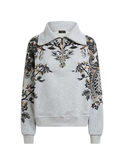 Etro Baumwoll-sweatshirt Mit Kurzem Reissverschluss Und Platziertem Paisley- Und Blumenprint In Gray