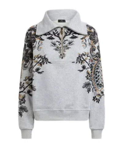 Etro Cotton Sweatshirt With Short-zip And Placed Paisley And Flower Print In Gray