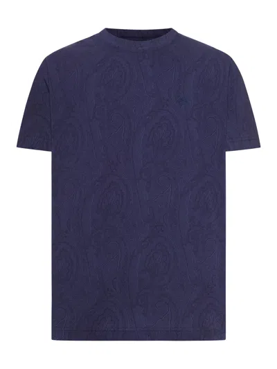 Etro Men Cotton T-shirt With Arnica Pattern In Blue