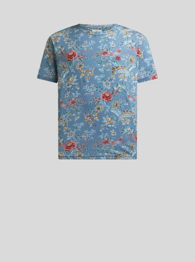 Etro Cotton T-shirt With Floral Print In Blue
