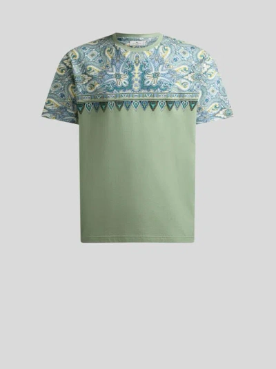Etro Cotton T-shirt With Placed Pocket-square Paisley Print In Green