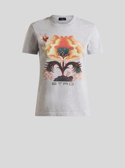 ETRO , COTTON T-SHIRT WITH PRINT AND LOGO, WOMAN, GREY, SIZE S