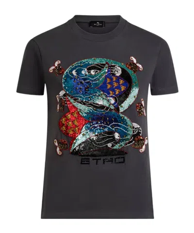 ETRO COTTON T-SHIRT WITH SEQUIN EMBROIDERY