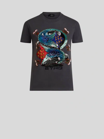 ETRO , COTTON T-SHIRT WITH SEQUIN EMBROIDERY, WOMAN, GREY, SIZE M