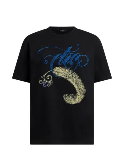 Etro Cotton T-shirt With Logo Embroidery And Feather Print In Black