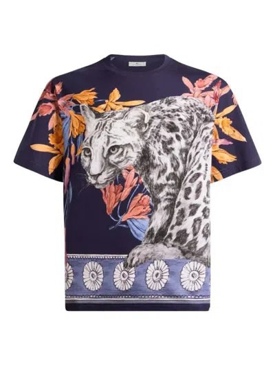 Etro Cotton T-shirt With Placed Print In Blue