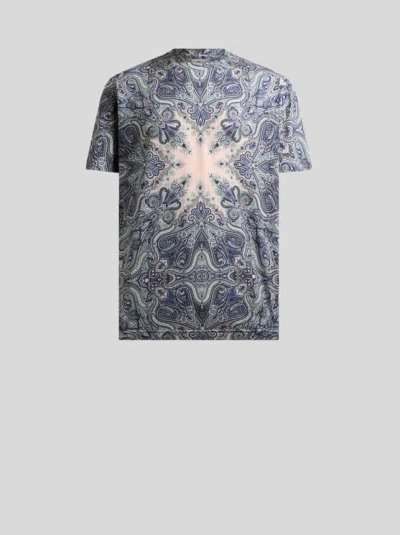 ETRO , COTTON T-SHIRT WITH POCKET-SQUARE PAISLEY MOTIF, MAN, LIGHT BLUE, SIZE XXL