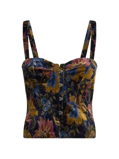 Etro Cotton Velvet Corset Top With Floral Overprint In Multi
