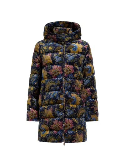 Etro Cotton Velvet Down Jacket With Hood And Floral Overprint In Black