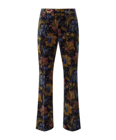 Etro Cotton Velvet Trousers With Floral Overprint In Brown