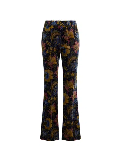 Etro Cotton Velvet Trousers With Floral Overprint In Multi