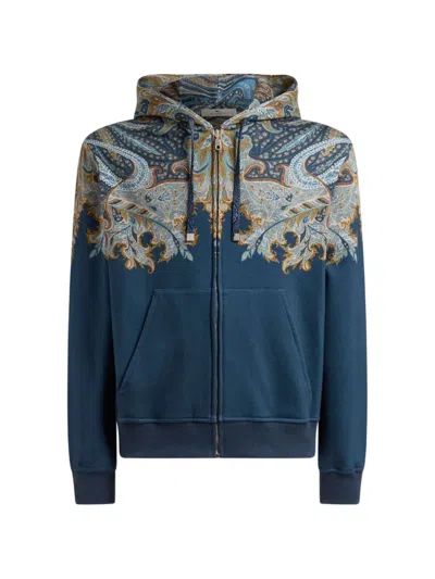 Etro Cotton-blend Hooded Sweatshirt With Placed Paisley Pochette Print In Blue