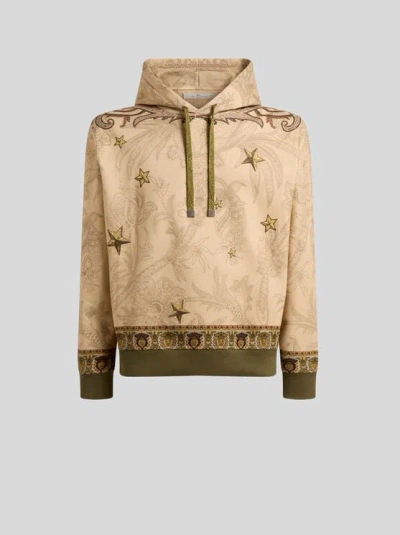 Etro , Cotton-blend Hooded Sweatshirt With Placed Pegaso Print, Man, Beige, Size 3xl In Sand