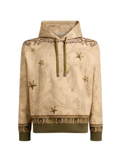 Etro Cotton-blend Hooded Sweatshirt With Placed Pegaso-print In Brown