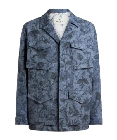 Etro Cotton-blend Jacket With Floral Motif In Blue